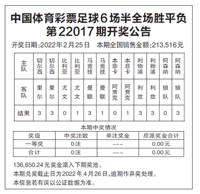 中国体育彩票足球6场半全场胜平负第22017期开奖公告