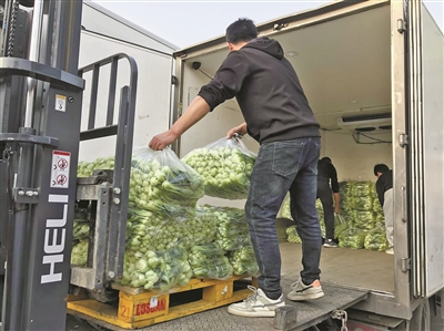 31岁的货车司机李帅将蔬菜运送至华润万家濮家店,收货员工陆续将蔬菜